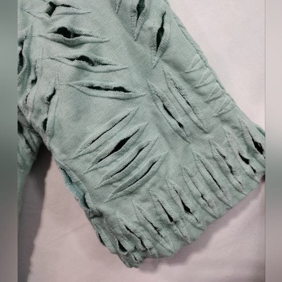 Samuel Dong 100% Linen Cutout Shirt Womens L Green Boho Retro 90s Artsy Hippie - Picture 3 of 7